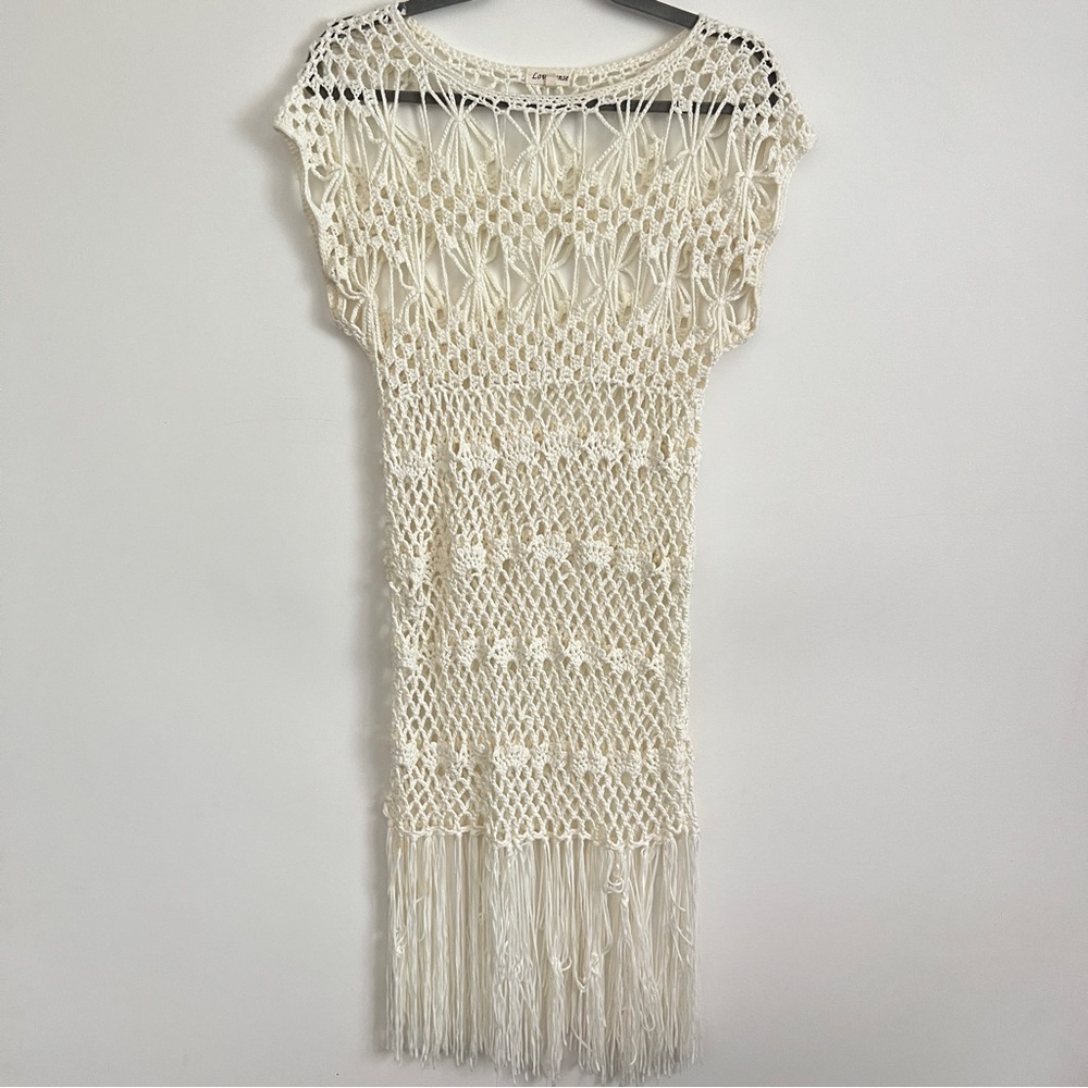 Love Sense Cream Crochet Fringe Dress S/M Boho Y2K Festival Beach Cover Up